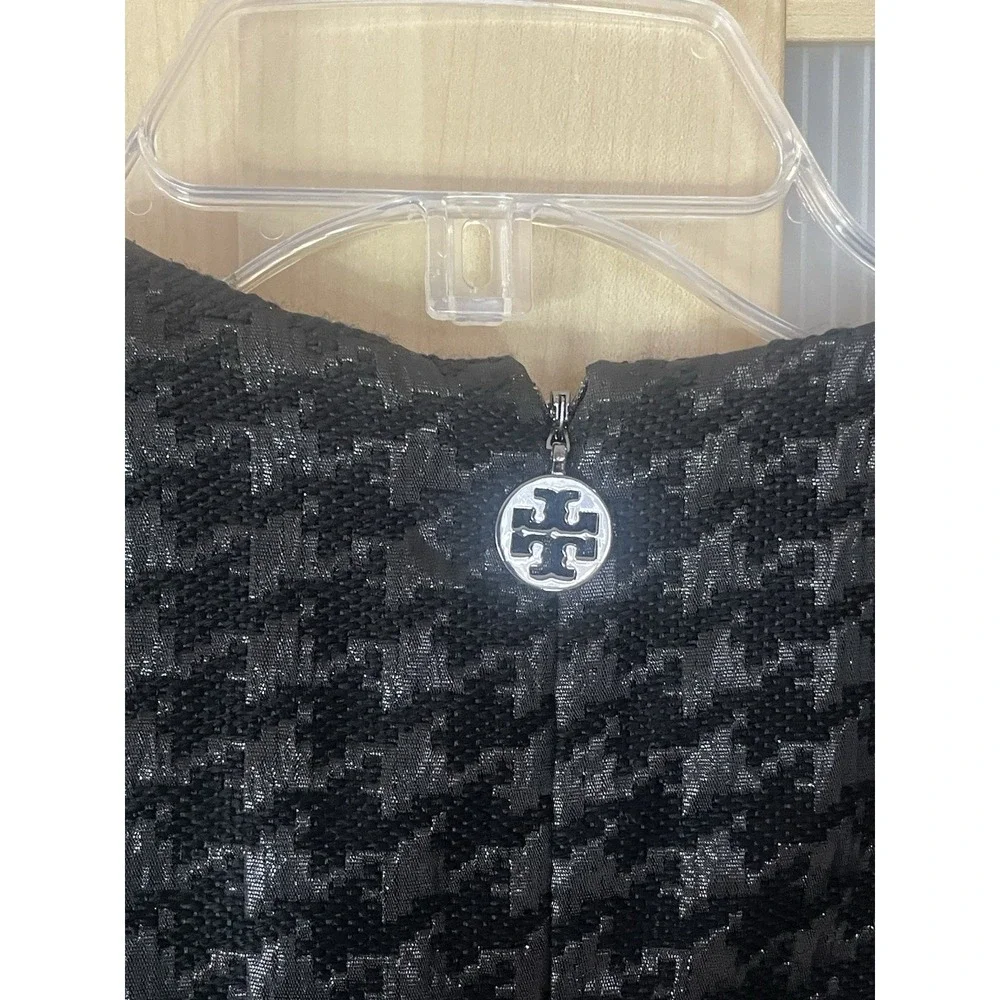Tory Burch Black Metallic Dress Sz 4 Houndstooth Pockets‎ Preppy Goth Party